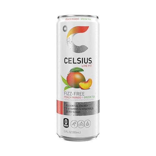 Image of CELSIUS Fizz Free Peach Mango Green Tea, Sugar Free Energy Drink, 12 Fl Oz (Pack of 4)