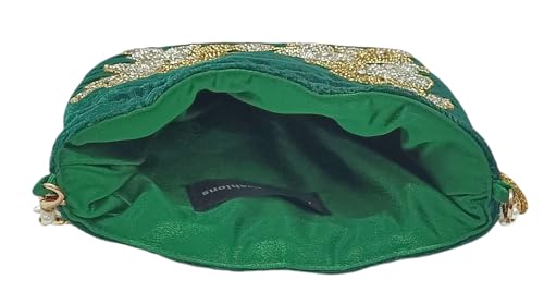 Image of Velvet Potli Bag with Golden & Silver Beaded Flower Embroidery - Handcrafted Ethnic Drawstring Bag for Weddings, Parties & Festive Gifts - Beaded Handle & Tassels for Women