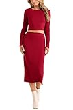 PRETTYGARDEN Women's 2023 Fall 2 Piece Outfits Tracksuit Rib Knit Crop Tops And Slit Midi Bodycon Skirt Dress Sets (Red,Medium)