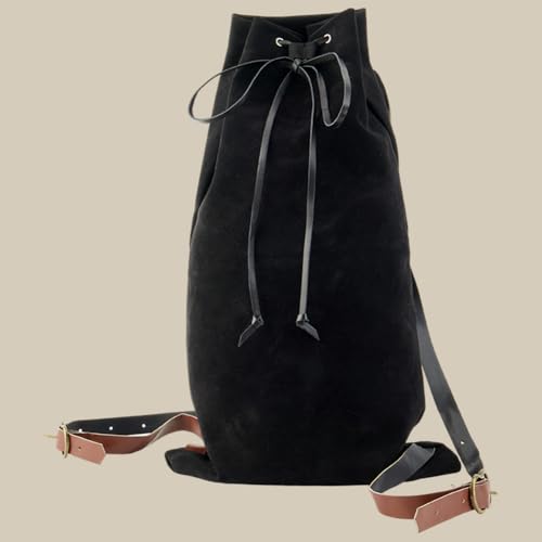 Image of GORGECRAFT Medieval Backpack Black Drawstring Fibre Bag with PU Leather Straps and Alloy Clasps Portable Pouch for Viking LARP Renaissance Outdoor Activities Cosplay Gym Workout Hiking 18x10.8 inch