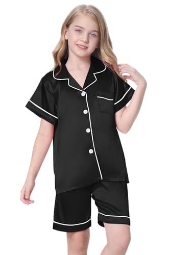 Image of Schbbbta Girls Womens Pajamas, Satin Silky Pjs Set Kids 2Pcs Button-Down Nightwear Sleepwear Gift for Mommy and me