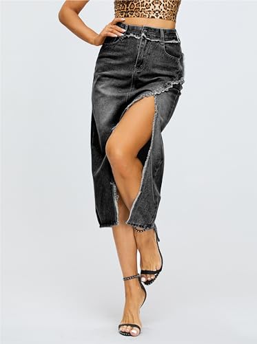 Denim Midi Skirt for Women - High Waisted Split Front Raw Slimming A-line Fit with Hugged HIPS3