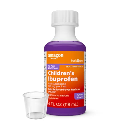 Image of Amazon Basic Care Children's Ibuprofen Oral Suspension 100 mg per 5 mL, Pain Reliever and Fever Reducer, Grape , for Minor Aches and Pains, Sore Throat, Headache Relief and More, 4 fl oz (Pack of 1)