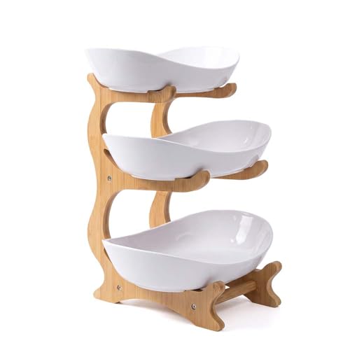 3 Tier Countertop Fruit Basket Organizer 2026 New Fruit Basket With Bamboo Stand Kitchen Countertop Organizer With Detachable Bowls Space-Saving Storage For Home Party Wedding (3 Tier - White)