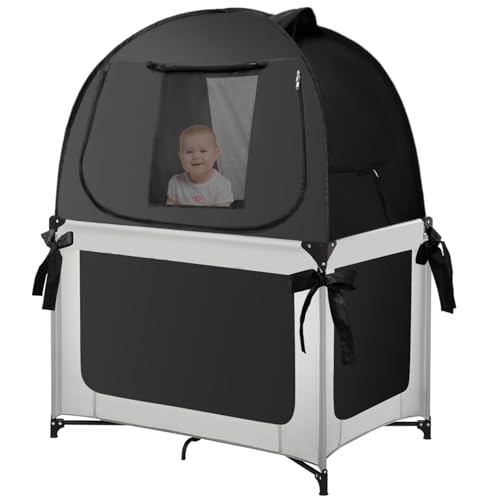 Image of L RUNNZER Blackout Sleep Tent, Pack N Play Blackout Cover to Block 90% of Light, Portable Pop Up Travel Essential Pack N Play Cover
