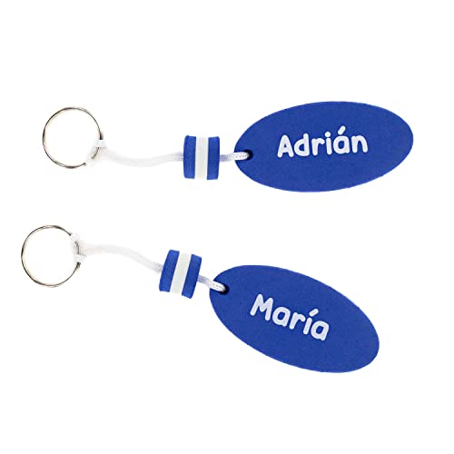 Pack 2 Llaveros flotantes Personalizados con Nombre o Texto · Diseño bicolor con impresión en tinta blanca · Llavero nautico de EVA, ideal para deportes acuáticos, barcos, buceo, piscinas... (AZUL)
