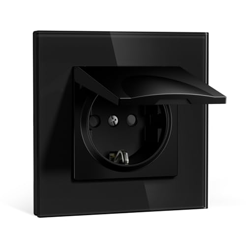 BSEEDLIFE Schuko Steckdose mit Wasserdichter Abdeckung, Unterputz 86 * 86mm, 16A EU-Steckdose mit Glasrahmen, Spritzwassergeschützt für Bad/Küche, Einfache Installation (Klappkrallen), 1-Fach Schwarz