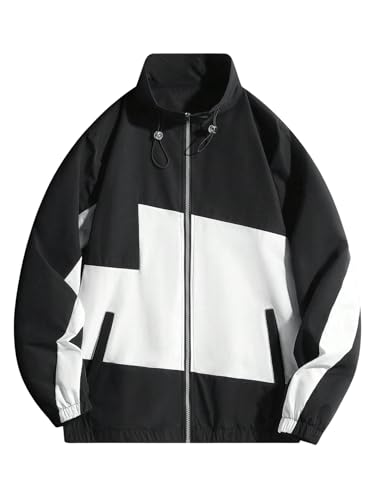 Image of Verdusa Men's Color Block High Neck Zip Up Long Sleeve Windbreaker Jacket Outerwear Black White Medium