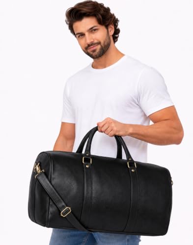 Image of ZAINTO Premium Leather Look Duffel Bag for Men & Women | 45L Weekender Travel Bag | Cabin Friendly Overnight Luggage | Gym Sports Bag with Adjustable Shoulder Strap | Black