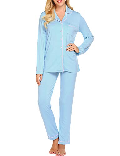 Ekouaer Pajama Set Womens Soft Sleepwear Long Sleeve Pjs Top Long Lounge Pants,Clear Blue,X-Large