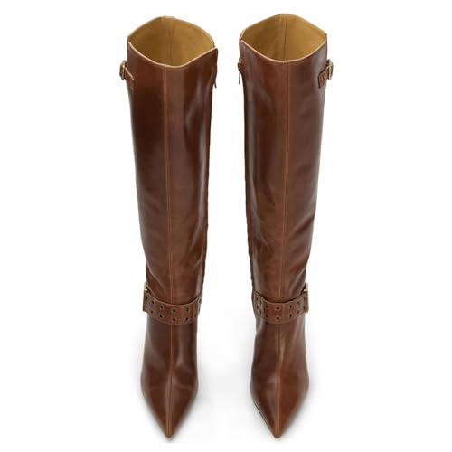 Agodor Fashion Riding Boots Women's Knee High Boots Pointed Toe Stiletto Side Zip Chic Belt Buckle Boots Winter Boots3