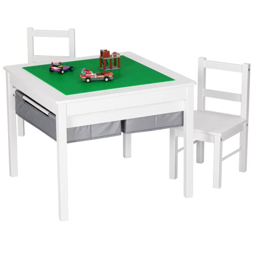 Utex Wooden 2 In 1 Kids Construction Play Table And 2 Chairs Set With Storage Drawers, And Built In Plate Compatible With Lego And Duplo Bricks (White With Grey Drawers) #TOP5