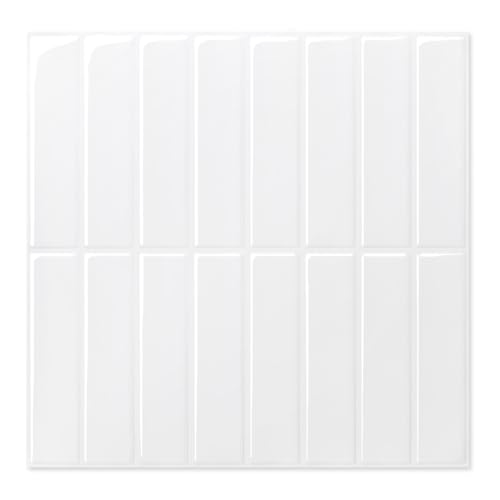 COMSTICKC Azulejos Adhesivos Blanco, Línea Recta Vertical, 10 Piezas 30.5x30.5 cm, Azulejos Autoadhesivos 3D, Baldosas Adhesivas de Vinilo para Salpicadero en Cocina y Baño, Impermeables, Extraíble