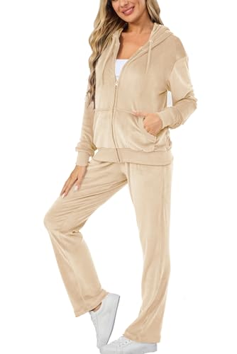 Aitmoask Velour Tracksuit Womens Jogging Suits 2 Piece Sweatsuits Set Beige XXL