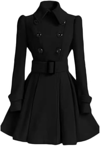 Juankrynord Abrigo de mujer de invierno de moda casual irregular Solapa de doble botonadura gruesa A-line guisante abrigo con cinturón Ligero abrigo de doble botonadura trinchera Slim fit (Negro,XXL)