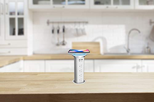 Kungfuking Surge Protector Intelligent Motorised Pop Up Socket Electric Retractable Outlet Power Strip & Dual USB Port with Wireless Charging Stations for Kitchen Island, Counter Top, Conference Room