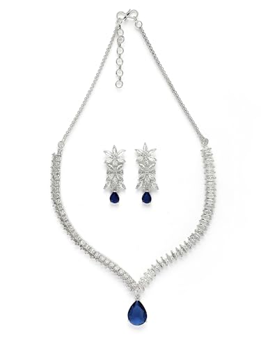Image of Karatcart Elegant Silver Plated Blue American Diamond Necklace Set for Women