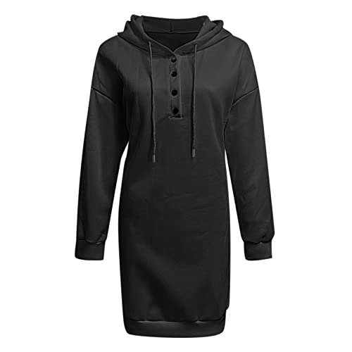 Women's Fall Hoodies Mini Dress Casual Long Sleeve Sweatshirts Drawstring Button Hooded Pullover Tunic Dress3