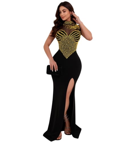 Image of PORRCEY Women's Sexy Rhinestone Lace Sheer Mesh Formal Evening Dress