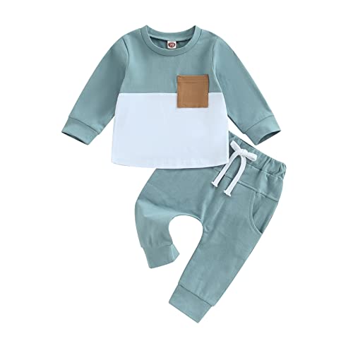 Image of Toddler Baby Boy Clothes Fall Winter Outfit Patchwork Long Sleeve Sweatshirt Tops Stretch Pants Newborn Playwear Set
