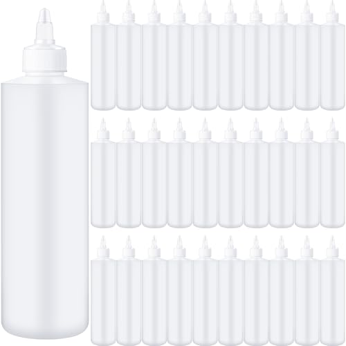 Irenare 16 oz 30 Pack Plastic Condiment Squeeze Bottles for Sauces Empty Squirt Bottle with Top Cap for Condiment BBQ Dressing Paint Workshop Crafts (White)