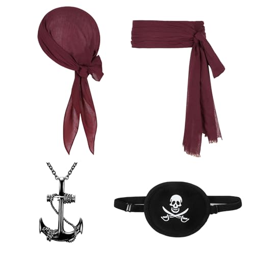 FUIPVGI Conjunto de acessórios de 4 peças, Capitão pirata cinto medieval bandana, corrente pendente de âncora com adesivo nos olhos, acessórios para disfarces de pirata de Halloween (bordô)