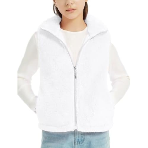 EXARUS Girls Fleece Vest Stand Collar Sleeveless Lightweight Soft Zipper with Pockets Outwear Winter Thermal 6-12Y White 7 Years