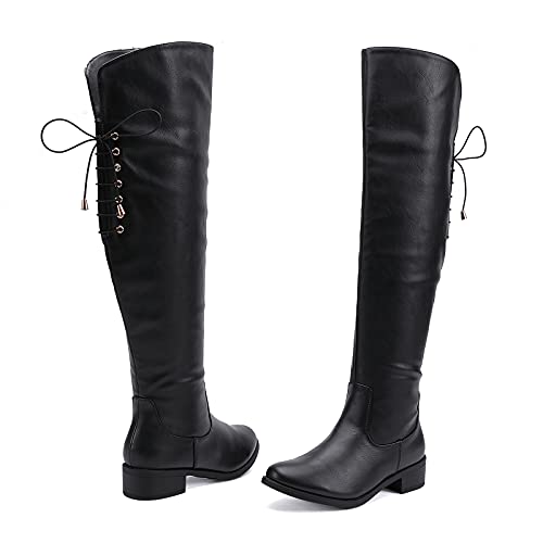 Eettaro Women's Over The Knee Boot Fashion Lace Up Tight High Boots Side Zip Block Heel Riding Booties(Black Pu, Numeric_8) #TOP5