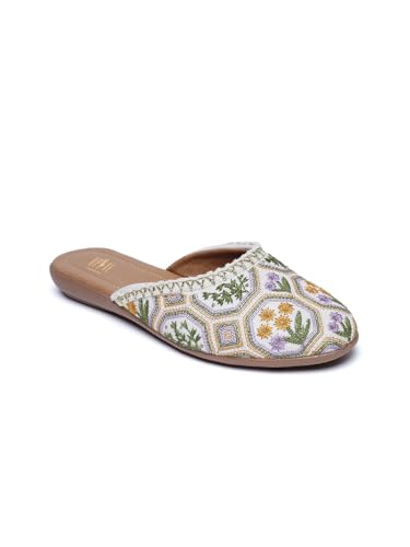 Image of OPIVE's Mehandi Women's Mojari Jutti Ethnic Punjabi Juttis Traditional Flat Embroidered Canvas Fancy Bellies Comfortable Sole for Womens & Girls