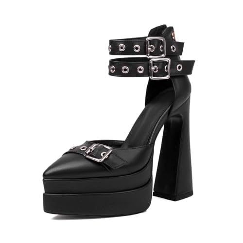 Cantiansu Fashion Pointed Toe Platform Heels Pumps Chunky Heels Buckle Ankle Strap