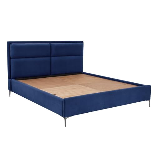 Image of Wakefit Bed | King (78 X 72) Solid Wood Bed, Upholstered, Without Storage, 3 Year Warranty - Zewail - Velvet Blue