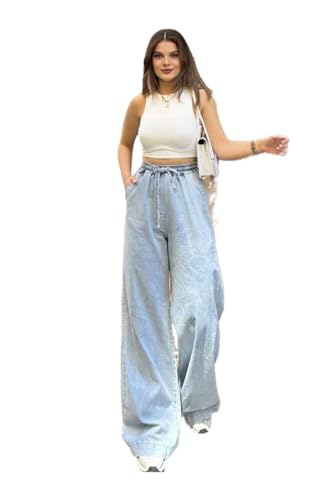 BEES JEANS Kadın Açık Mavi Beli Lastikli Bagcıklı Cepli Bol…