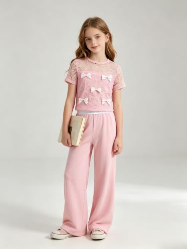Image of Girls Clothes 2 Piece Short Sleeve Lace Bow Print Tops Flared Pants Set Little Girl Outfits Size 7-14