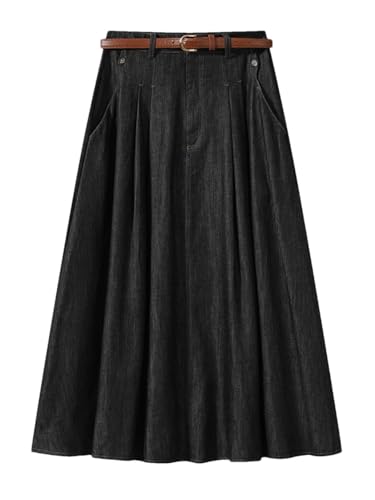 Women's Vintage Denim Midi Skirts High Waist A-Line Plain Pleated Thin Skirts