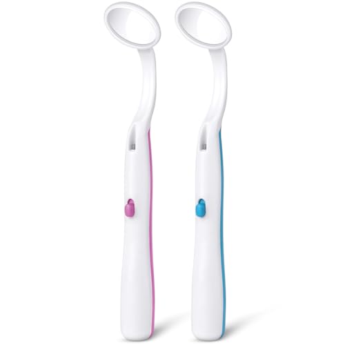 ACWOO Mundspiegel mit LED-Licht, 2 Stück Oral Dental Mirror Dentalspiegel, Zahnarztspiegel mit Anti-Fog-Beschichtung, Mund Zahn Inspektion Spiegel, Zahnpflegespiegel für Zahnpflege (Blau + Pink)