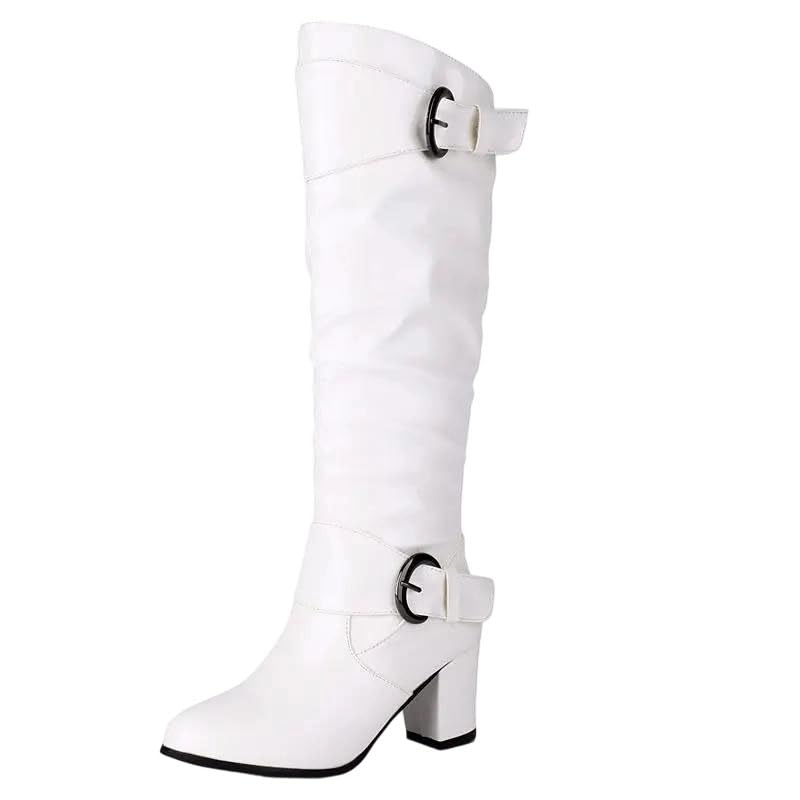 Womens Knee High Boots Round Toe Chunky Heels Decorated Dating Shoes