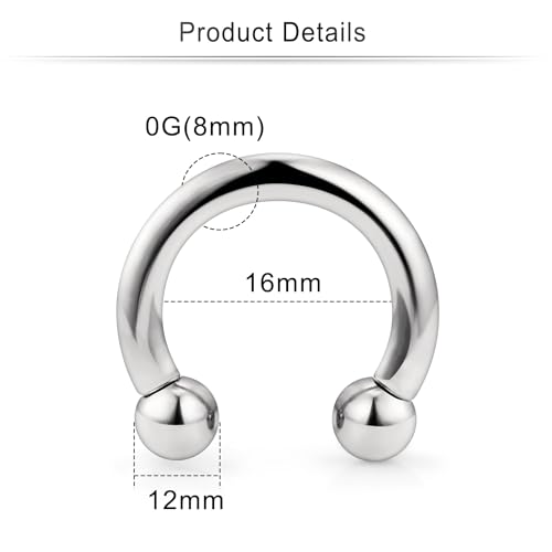 Cisyozi 10G 8G 6G 4G 2G 0G 00G Septum Rings Ear Gauges Earrings Hoops 316L Surgical Steel PA Ring Internally Threaded Horseshoe Spring Action Captive Bead Ring CBR Body Piercing Jewelry for Women Men
