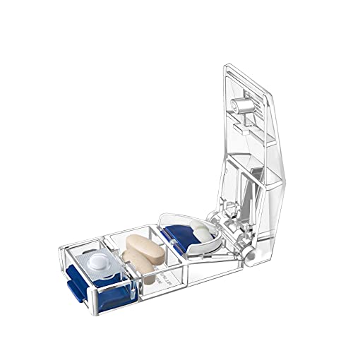 MAXSPLIT Safety Pill Splitter and Cutter with Blade Guard | Cuts Small and Large Pills, Vitamins, or Tablets with Stainless Steel Blade | Non-Slip Press Point Pill Splitter and Cutter (Clear Blue)