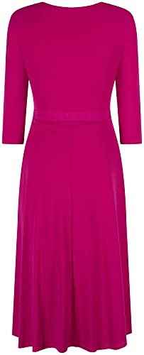 Image of Women's 3 /4 Sleeve V-Neck Printed Knee Length Midi Faux Wrap Floral Dress Hot Pink L