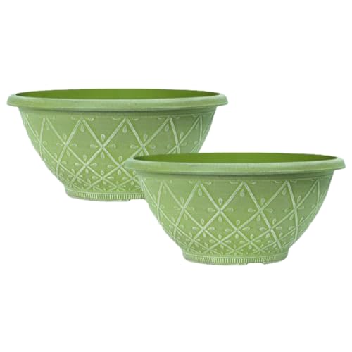 Fyne-Finds Set of 2 Plastic Prisma Bowl Planter 30cm,12inch Powdered Moss Green 6L Plant Pot with Drainage Holes Home Garden Decor