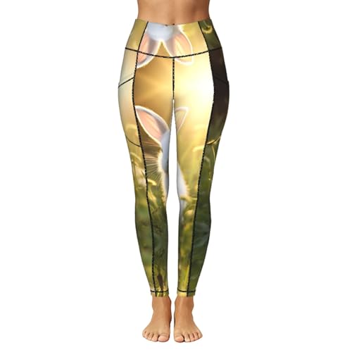 Pantalones elásticos con estampado de conejo blanco TTYDOKLA leggings cómodos con bolsillos 2