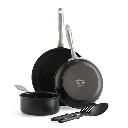 GreenPan Lima Midnight Hard Anodized Healthy Ceramic Non-Stick 5-Piece Set Includes Frying Pan Saucepan & Nylon and Slotted Turner PFAS-Free Induction Suitable Oven Safe Black