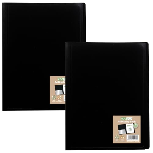 eco-eco A4 100% Recycled 10 Pocket Black Flexible Cover Portfolio Book Folder Display Book, Pack of 2 Books, eco160x2