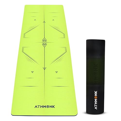 Athmonk Dual Colour TPE Pro Yoga Mat for Woman and Man with Alignment Guide Lines | Home Gym Equipment Exercise Mats for Workout | 6mm Thick Anti Slip Mat for Kids | Big Size with Cover Bag, Neon