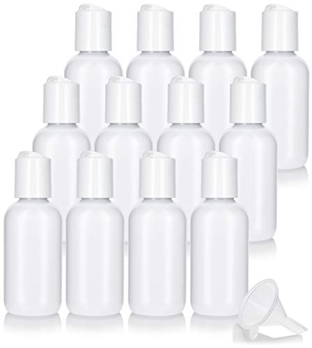 JUVITUS 2 oz/60 ml Clear Natural Squeeze LDPE Plastic Bottle with White Disc Cap (12 pack) + Funnel