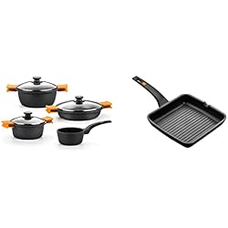 Baterias Bra BRA Efficient - Batería 4 piezas, de aluminio fundido con antiadherente + A271428 Efficient - Grill Asador con Rayas, Aluminio Fundido con Antiadherente Platinum Plus