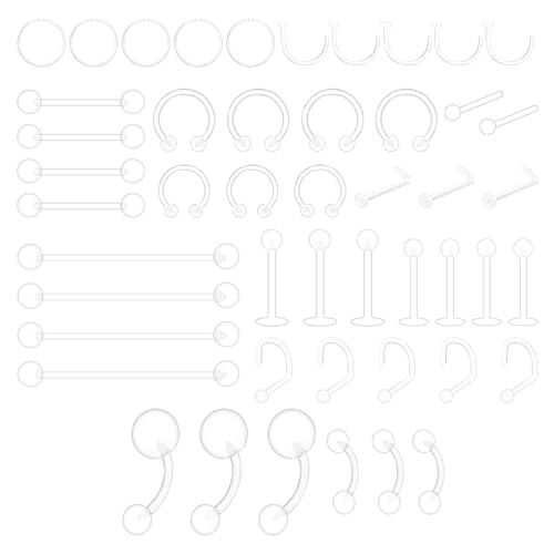BOULESENM Juego de 48 piercings de plástico transparentes, 14 G, 16 G, 20 g, con retenedores de plástico, para labio, lengua, oreja y nariz