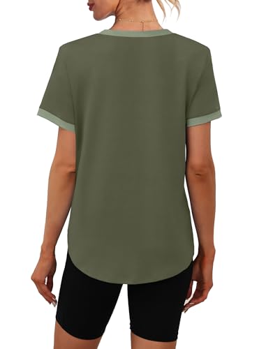 Image of Womens Workout Tops Summer Short Sleeve Shirts Athletic Color Block Gym Clothes Outfits Sun Protection UPF 50+ T Shirts