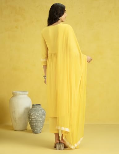 Image of Kaari Women's Chikankari Kurta Set with Dupatta -Fit & Flare Fit | Chiffon Dupatta with Embroidered Band | Straight Pant with Side Pocket | Kurta Set For Women