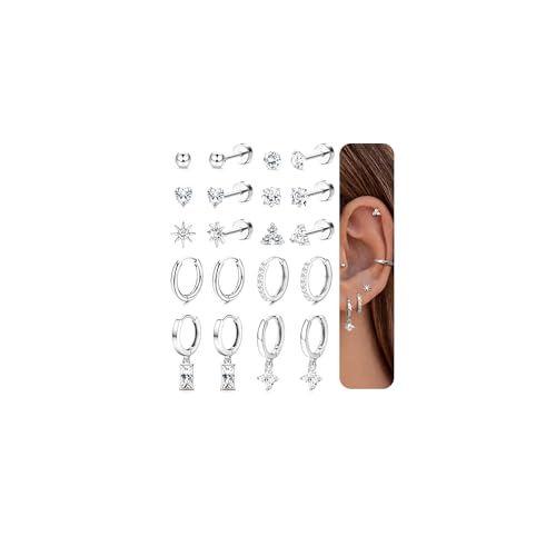 Florideco Hypoallergenic Flat Back Earrings Gold Cartilage Earring Sets for Multiple Piercing Surgical Stainless Steel Earrings for Women Trendy Earring Stacks Small Hoops Flat Back Stud Earrings